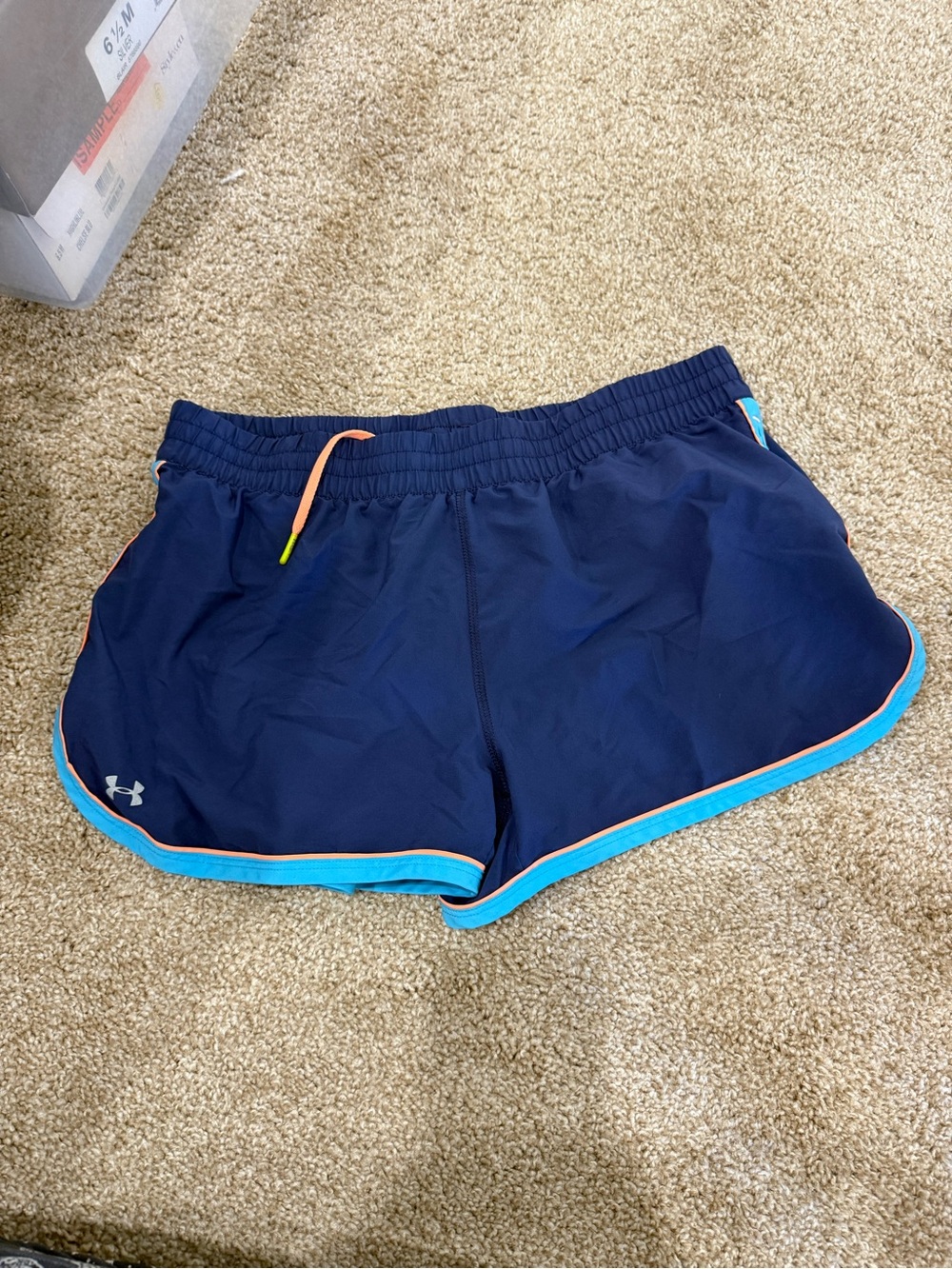 Under Armour Navy Running Shorts with Turquoise and Coral Accents